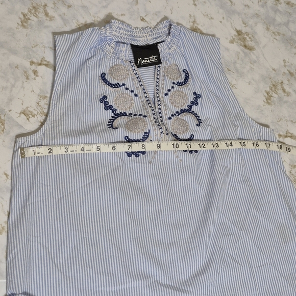 Nanette Lepore Ruffle VNeck Tank Medium Embroidered Striped Boho Blue White - Picture 5 of 9